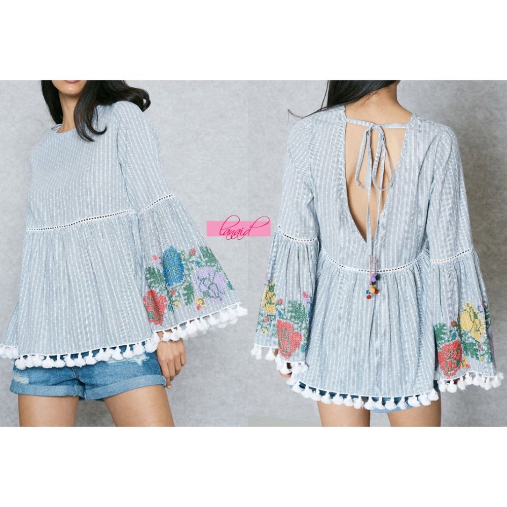 NEW Glamorous Embroidered Pom Pom Open Back Tunic